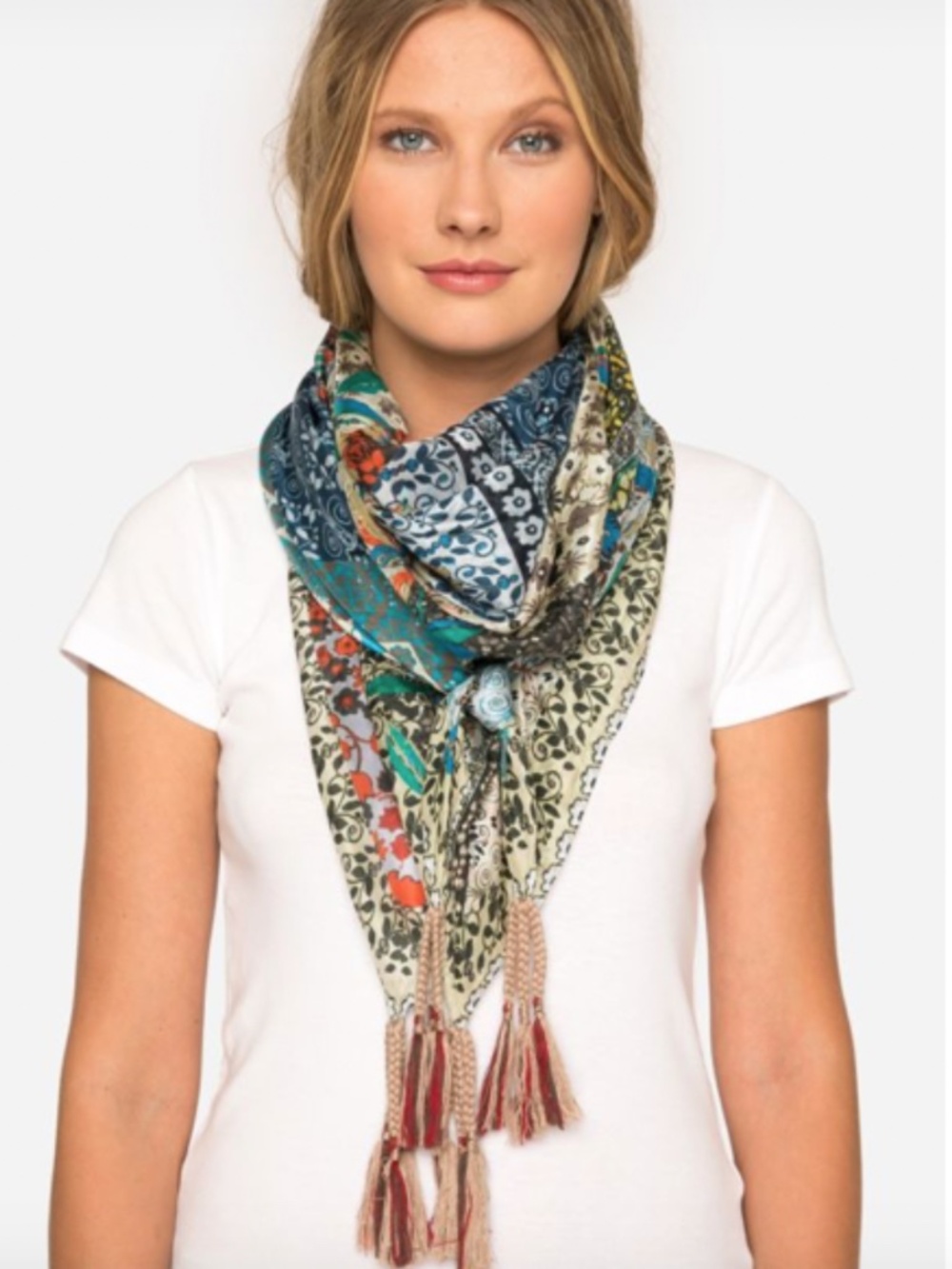Johnny Was Voloom Silk Scarf 43x43 Boho Patchwork Tassel W/Box